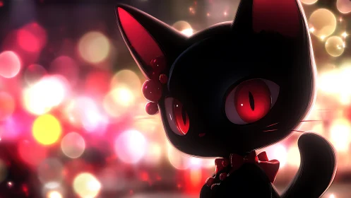 Midnight black cat with glowing red eyes in neon bokeh
