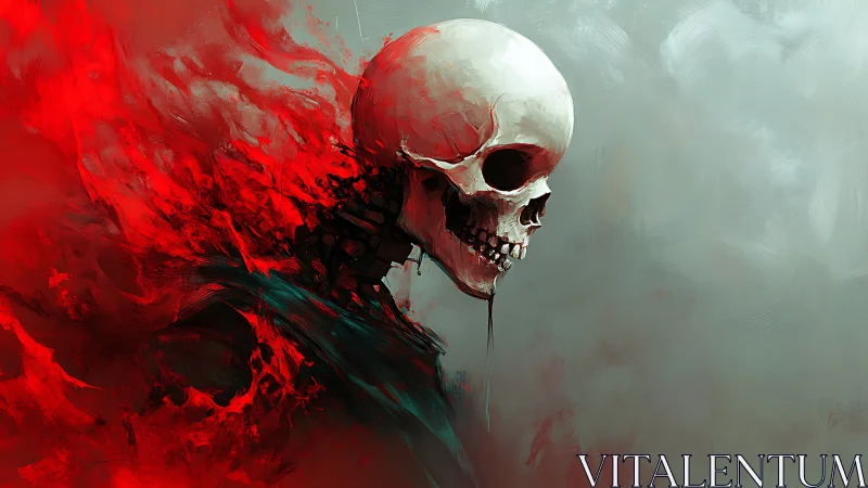Bleached skull emerging from swirling red smoke field.