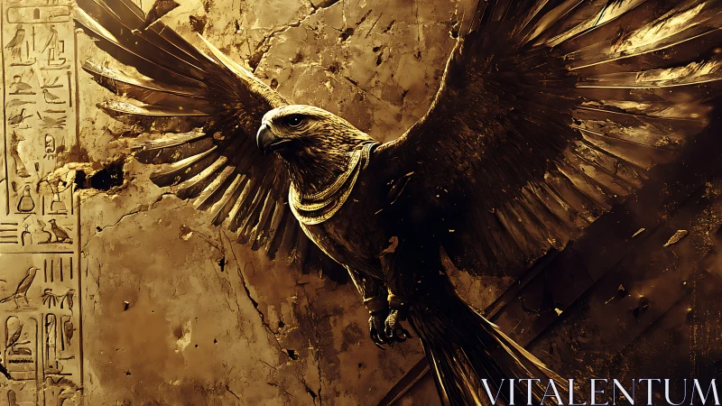 Egyptian falcon deity rising against eroded sandstone wall