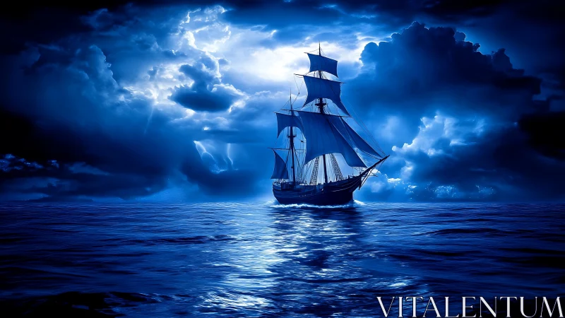 Luminous brigantine under spectral lunar storm illumination.