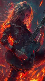 Guitarist stands amid erupting flames with molten lighting