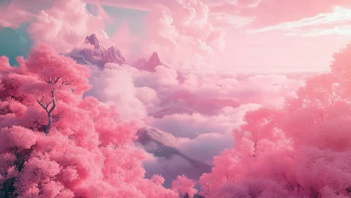 Dreamlike pink forest valley beneath ethereal cloud peaks.