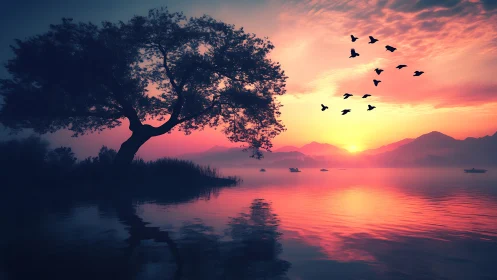 Lone lakeside tree silhouettes fiery magenta sunset sky.