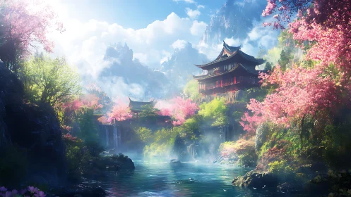 Mist-veiled pagoda amid sakura valley and reflective river gorge