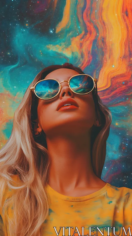 Cosmic daydream in mirrored sunglasses and swirling color.