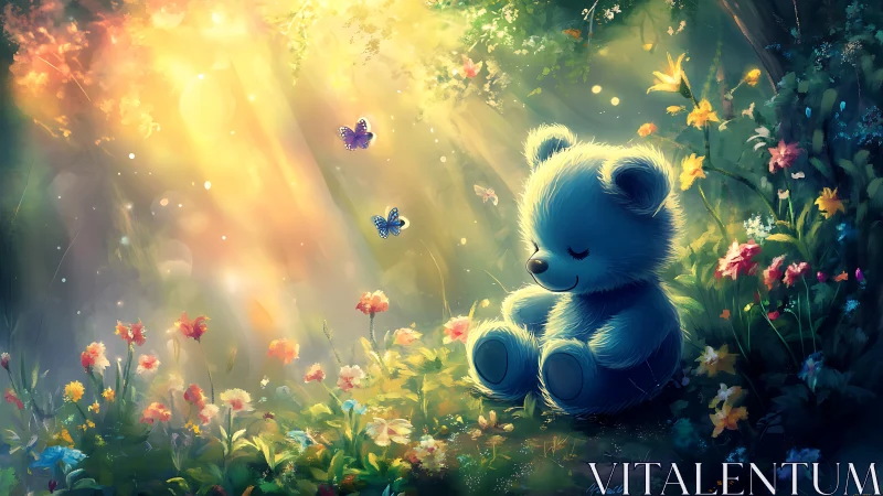 Soft blue teddy enjoys golden sunlight in a dreamy meadow