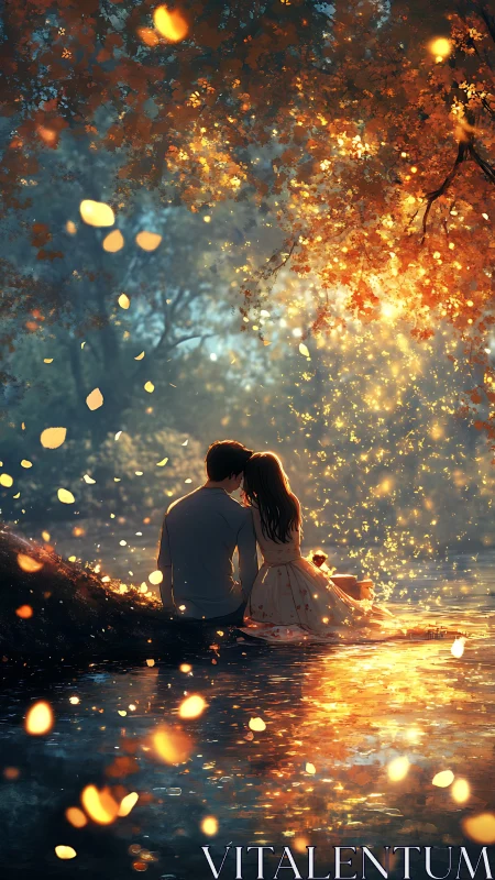 Couple in Golden Light by Glowing Tree at Night