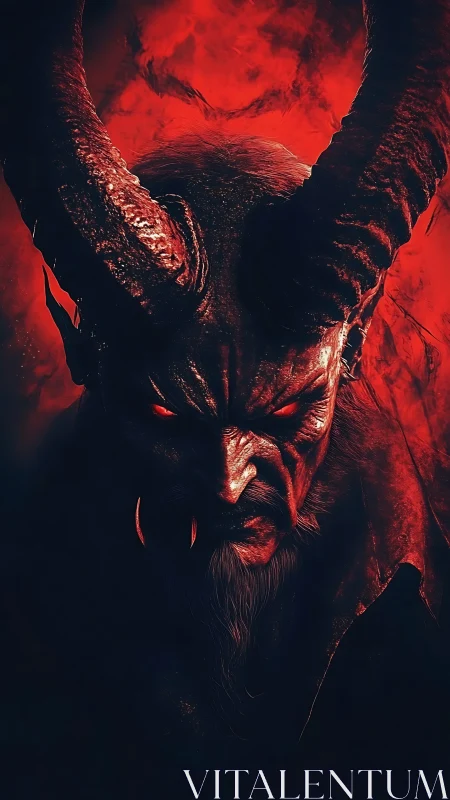 Infernal horned demon portrait in cinematic red backlight.