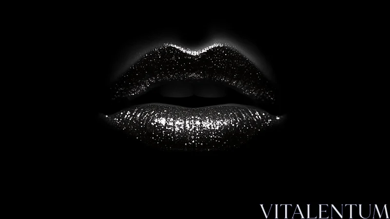 Specular-lit glitter lips isolate against deep black negative space