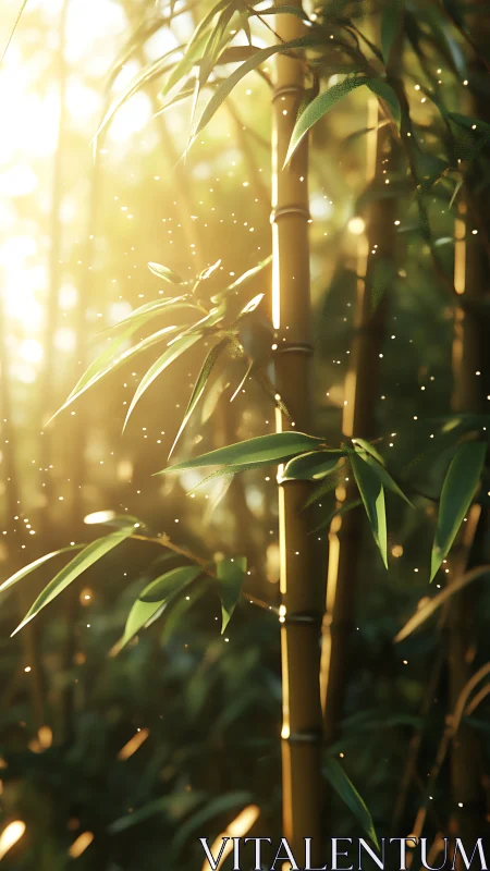 Sunlit bamboo stems with suspended airborne particles.