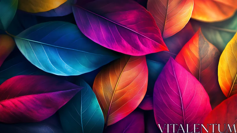 Prismatic forest leaves glow in swirling neon twilight hush.