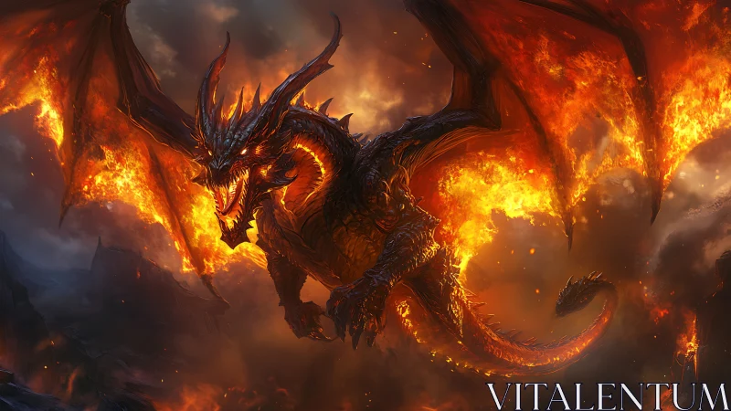 Fire dragon dominates burning sky above dark landscape.