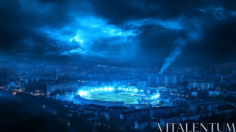 Electric blue night panorama reveals illuminated city stadium