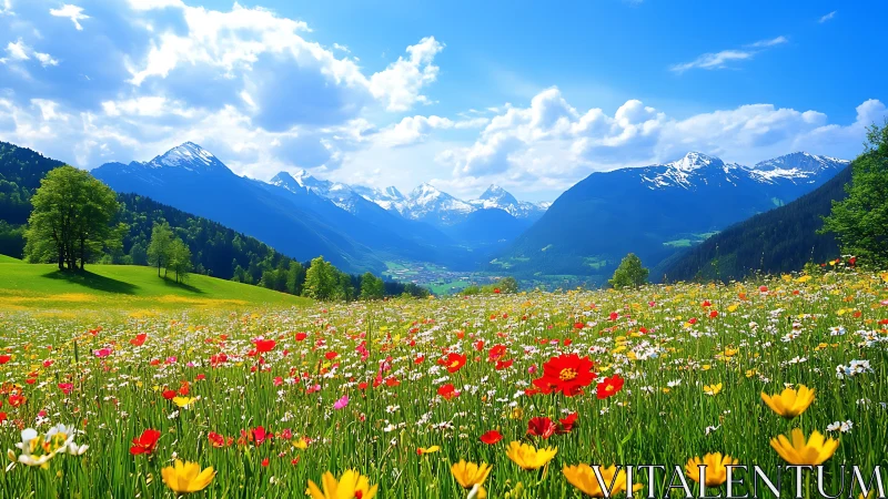 Mountain meadow with wildflowers under partly cloudy sky.