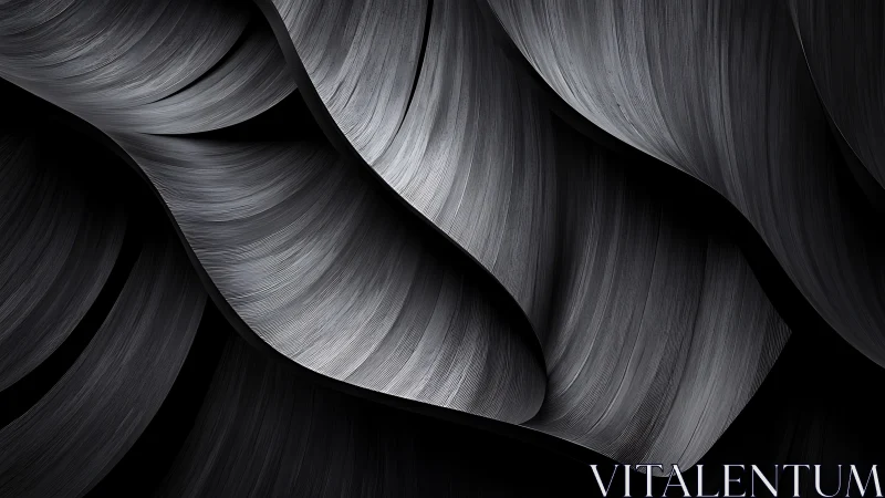 Layered metallic ribbons form curved, striated grayscale surfaces