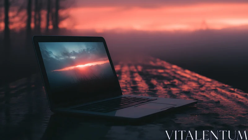 Laptop resting in dreamy sunset glow on a misty table.