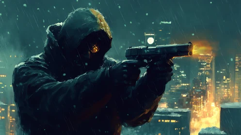 Hooded gunman aiming pistol in rainy neon city night.