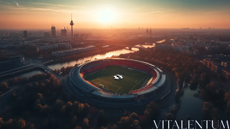 Sunset over a glowing city stadium ready for football magic.