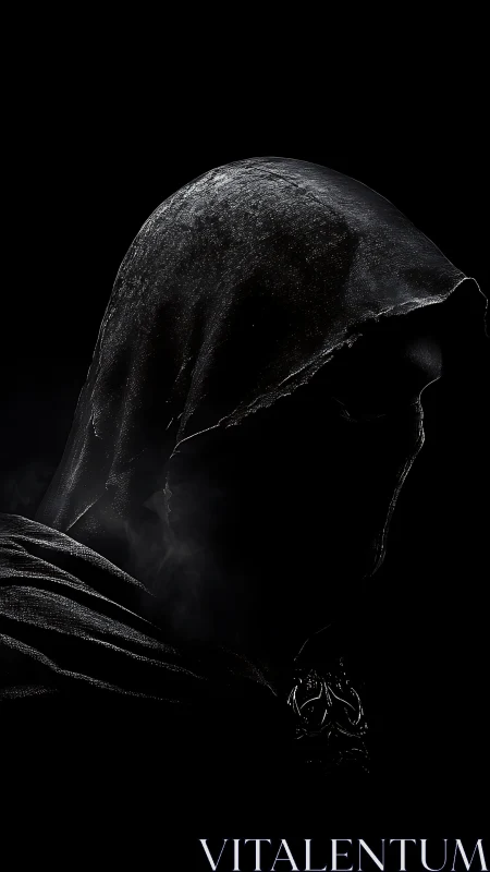 Hooded cloaked figure rendered in low key side lighting