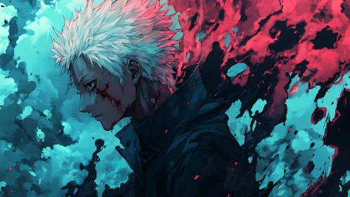 Profile view shows white‑haired figure amid red and teal vapor