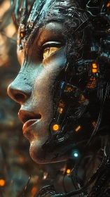 Cyborg profile glows with circuitry in moody amber light