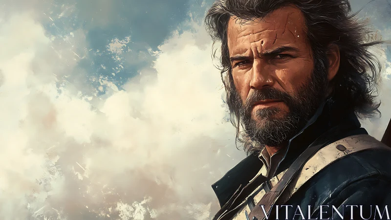 Weatherworn wanderer studying storm-bright horizon skies.