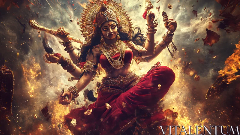 Fiery goddess dances in swirling smoke, gold, and stormlight