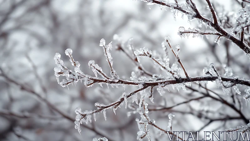 Close-up of frosty tree branches covered in ice, winter nature scene.