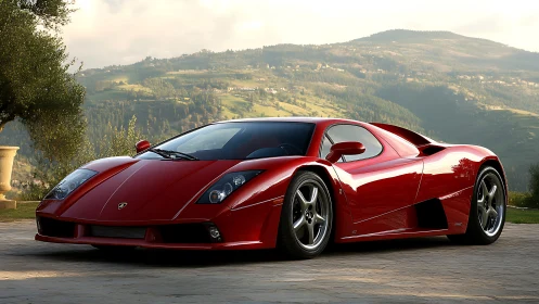 Crimson hillside rocket car posed for golden hour bragging rights.
