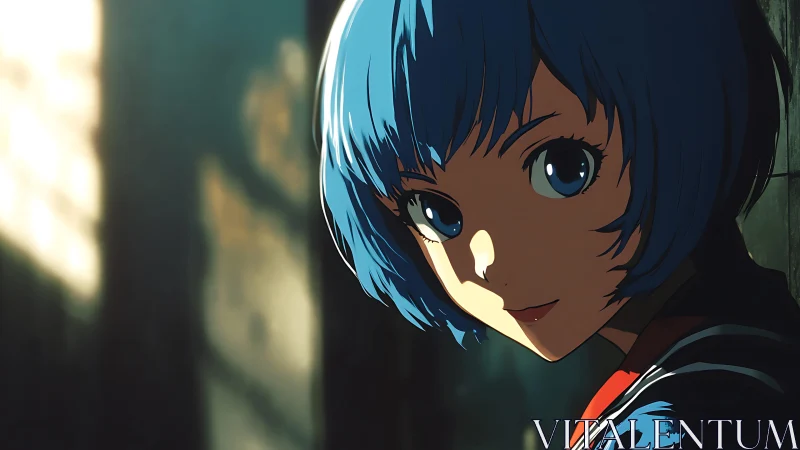 Blue haired dusk dreamer poised in cinematic alley light.