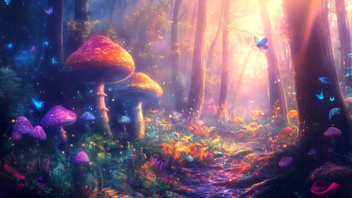 Enchanted mushroom grove glows with mystical forest light
