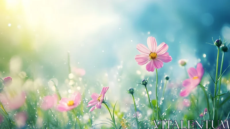 Cosmos bipinnatus blooms with morning dew droplets under diffused natural sunlight
