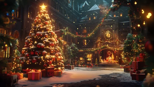 Snow covered courtyard with illuminated Christmas tree.