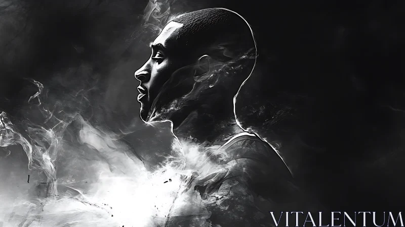 Monochrome profile silhouette in diffuse smoke field.