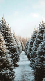 Frost tipped fir avenue under a pale winter morning sky.