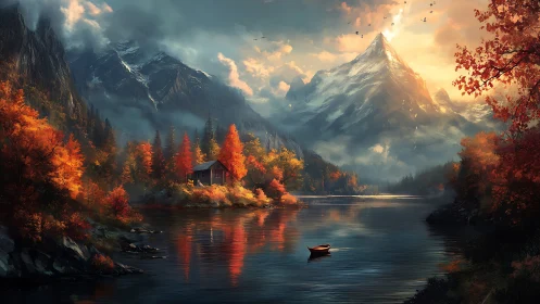 Mountain lake landscape shows cabin, boat and autumn forest