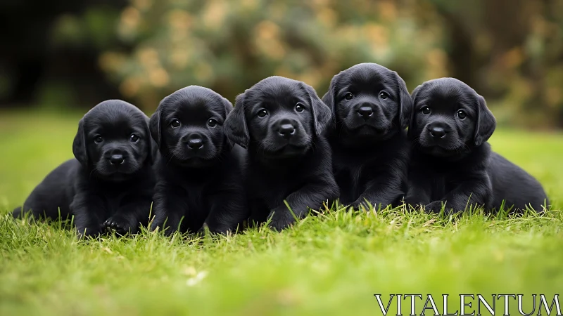 Line of black Labrador puppies lying on green grass outdoors.