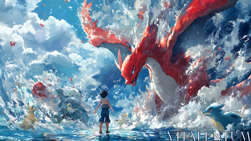 Fiery dragon erupts from stormy sea as young trainer confronts it