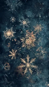 Golden illuminated snowflakes over deep teal haze.