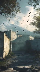 Deserted concrete canal below distant snow mountain town.