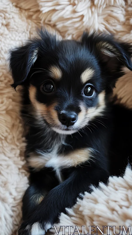 Bright-eyed cuddle pup nested in a cloud of creamy blankets.