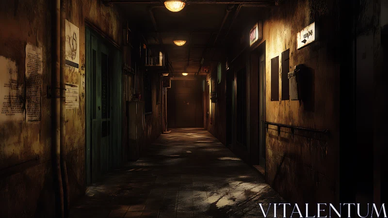 Dim corridor with aged doors and wall-mounted fixtures.