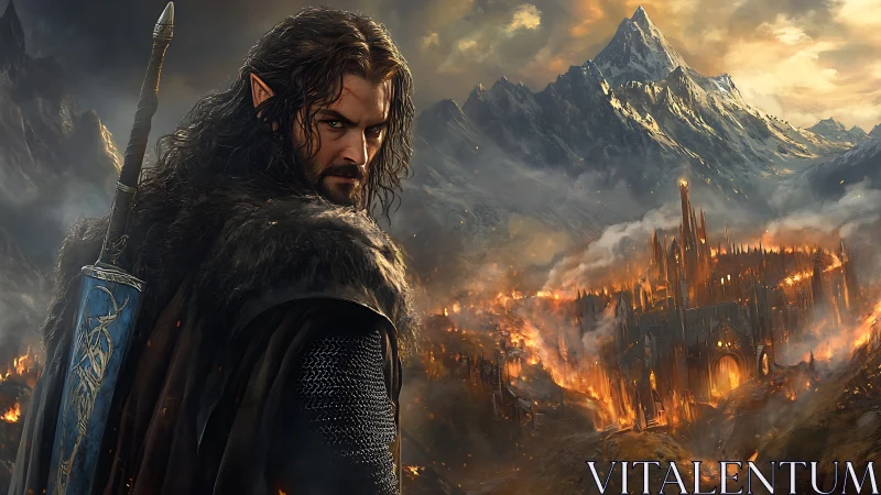 Armored elf warrior before burning citadel, epic fantasy digital painting.