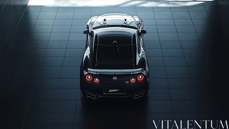 Rear view of black Nissan GT-R in glossy tiled space.