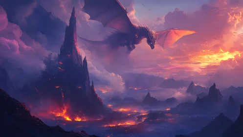 Fire dragon soars above volcanic peaks at burning dusk