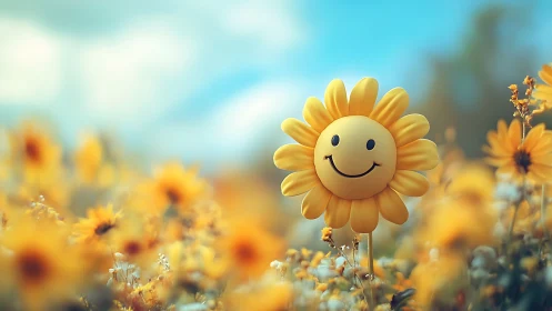 Smiling sunflower face prop in yellow flower meadow.