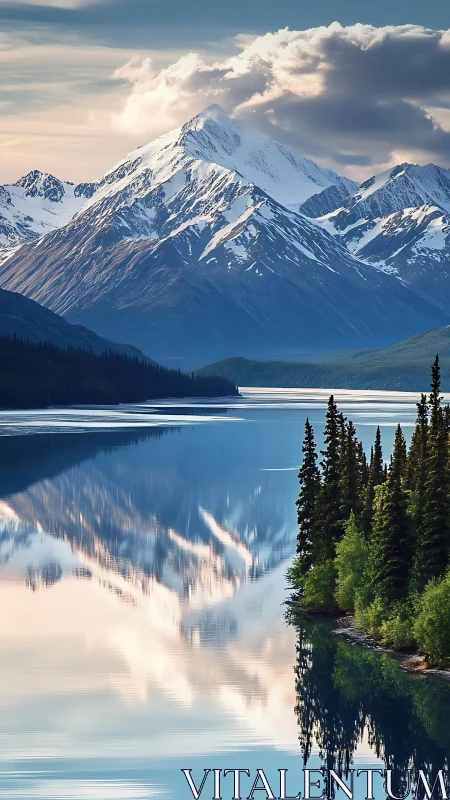 Snow crowned mountains rest quietly above a glassy lake