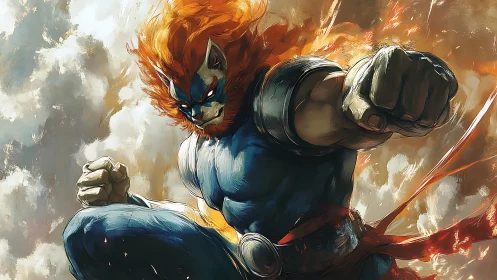 Feline warrior surges through clouds in blazing, dynamic strike.