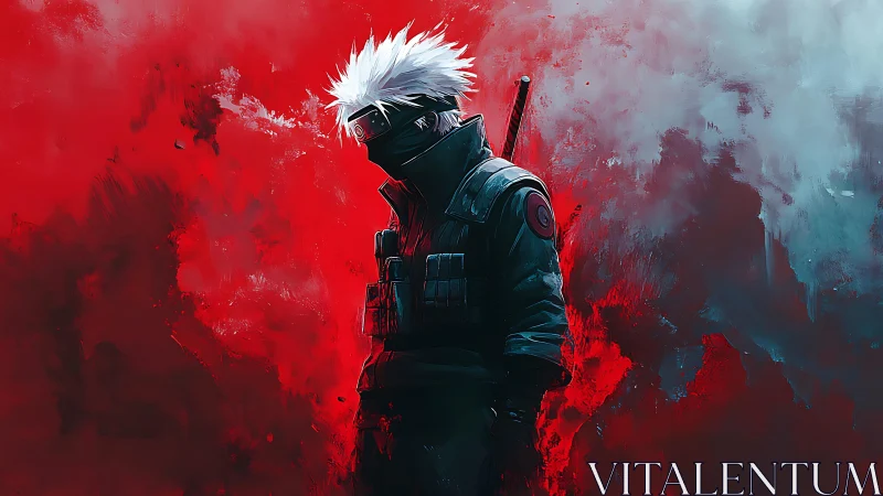 Stormborn masked warrior in crimson misted battlefield stance.