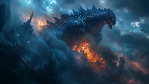 Colossal fire-lit kaiju strides through a storm-wrecked cityscape
